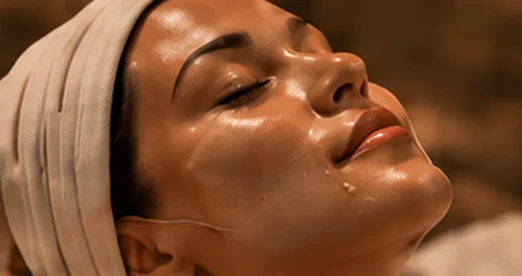 Mujer relajada con turbante blanco durante un tratamiento facial