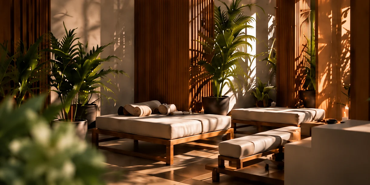 Sala de descanso con camillas, plantas y luz cálida entre listones de madera
